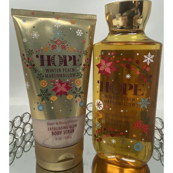 Bath and body works winter peach marshmallow body scrub and shower gel